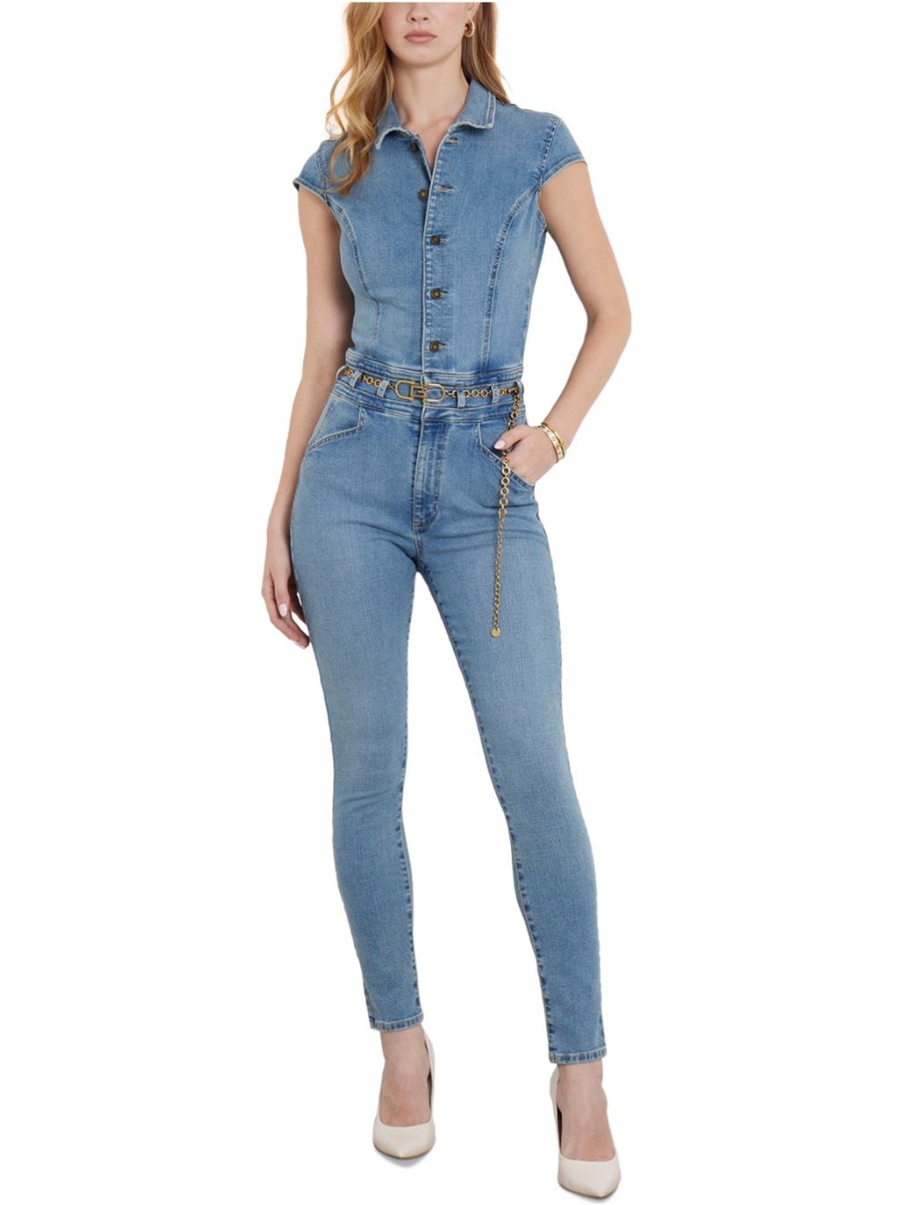 New GUESS Light Blue Denim Cap-Sleeve Skinny Jumpsuit SZ S
